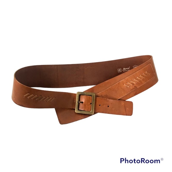 RENZA Italian Luxury Belt Asymmetrical Wide Saddle Brown Leather Brass Buckle - Picture 11 of 11